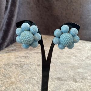 Vintage Blue Hobnail Beaded Flower Screw On Earrings